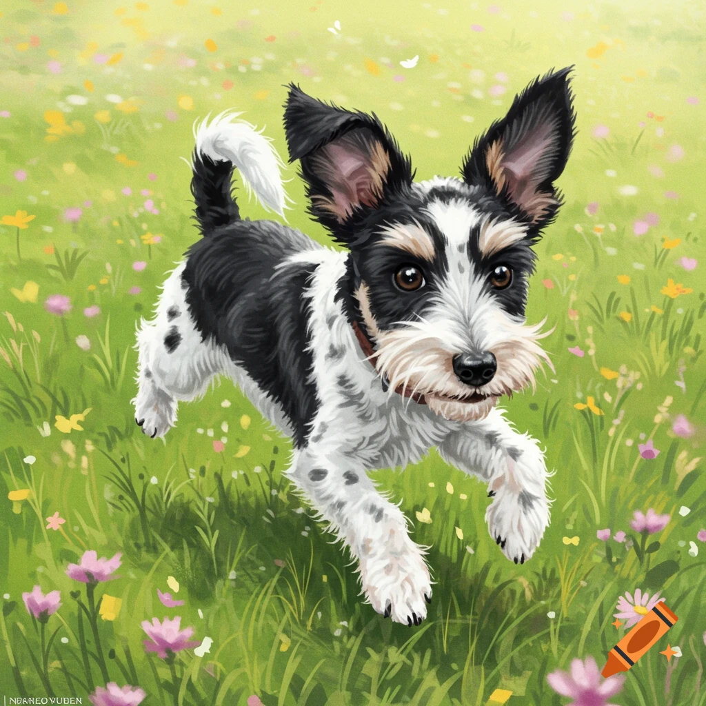 A black and white terrier dog with floppy ears runs through a vibrant green field filled with colorful flowers, illustrated in a painterly style.