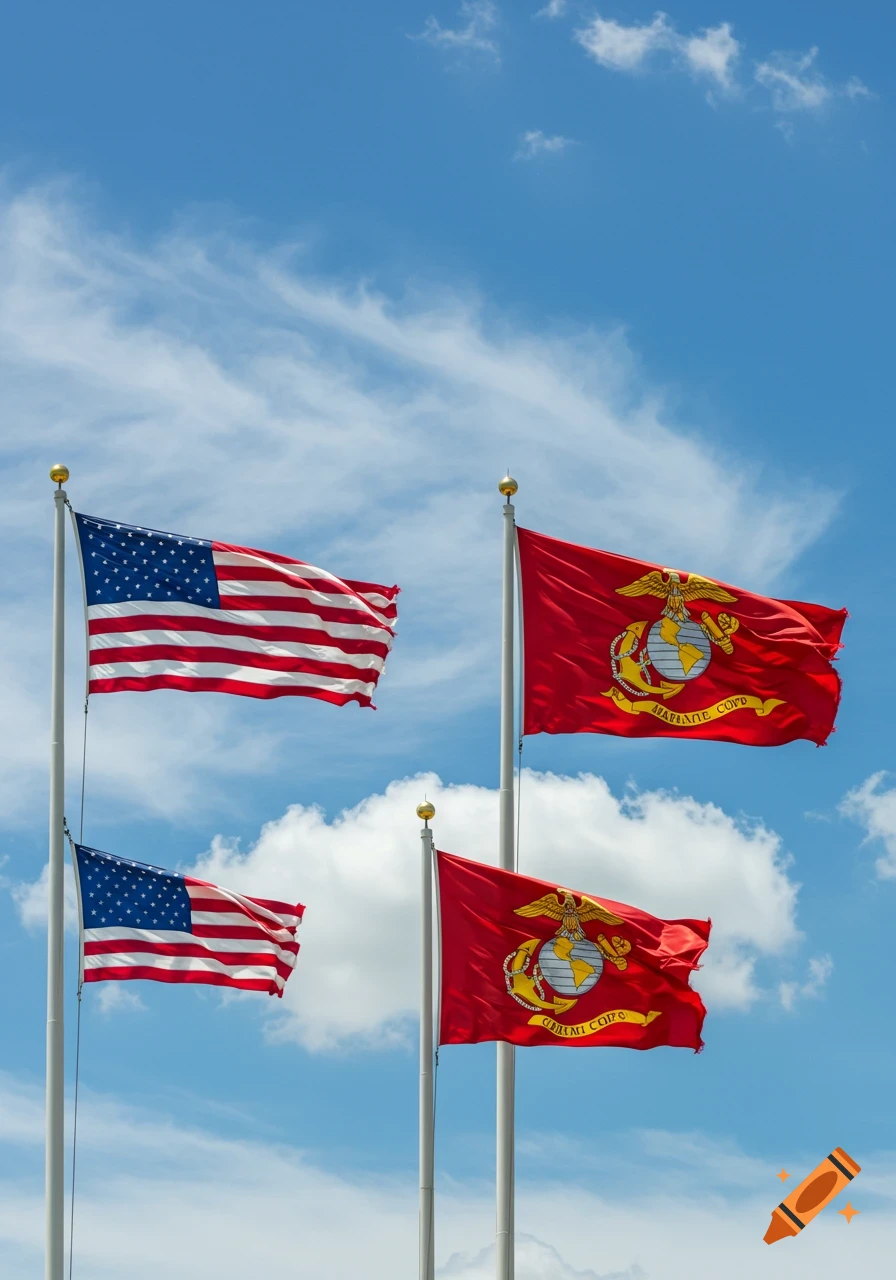Four flags, including two American flags and two Marine Corps flags, wave against a clear blue sky with white clouds.