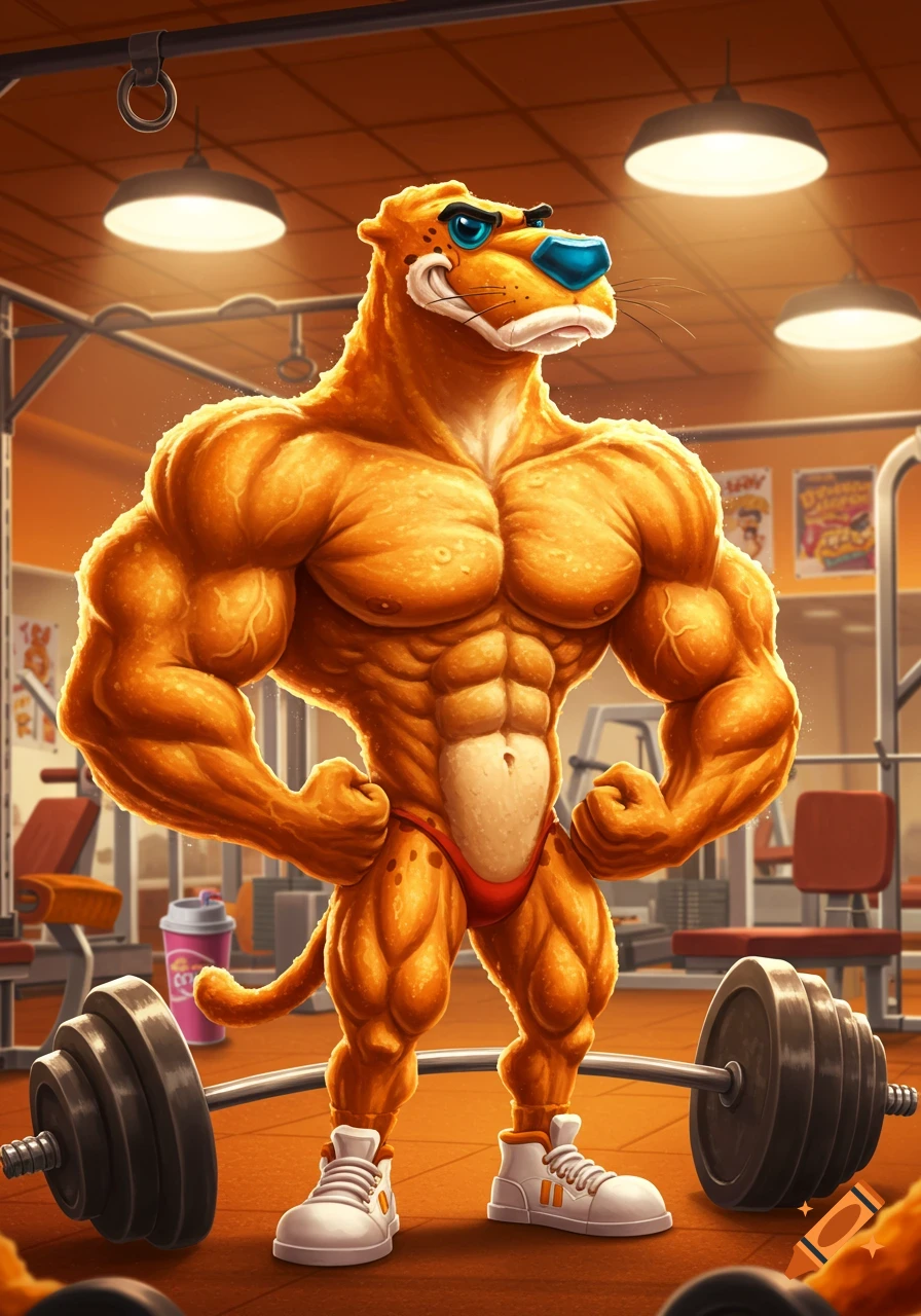 A muscular, orange cartoon cheetah bodybuilder in a red posing brief flexing in a gym, surrounded by weights and equipment.