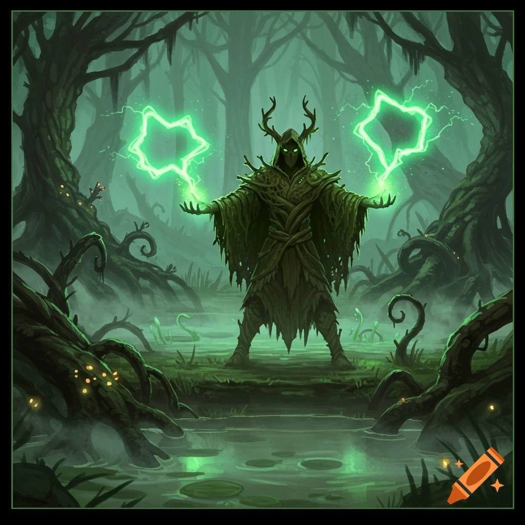 A menacing, vine-covered figure with antlers casts bright green lightning in a misty, dark swamp fantasy scene.