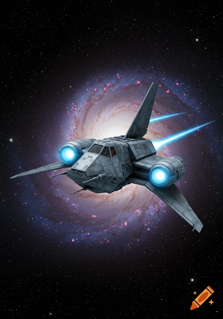 A grey spaceship with blue thruster flames flies through space in front of a spiral galaxy.