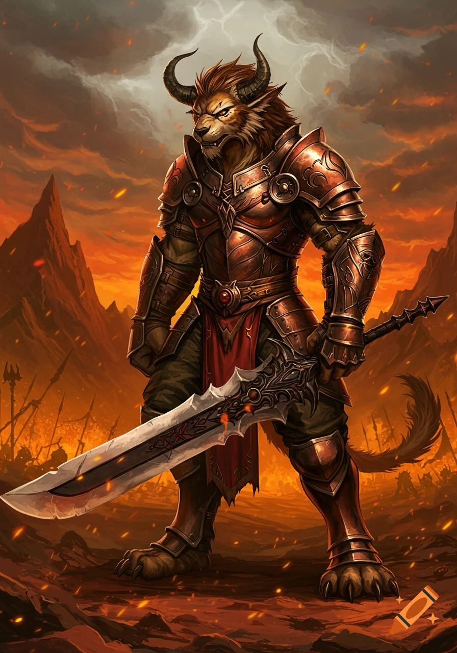 An armored beast-like warrior with horns and a lion-like face stands, holding a large ornate sword, amidst a fiery, stormy landscape. Fantasy art.