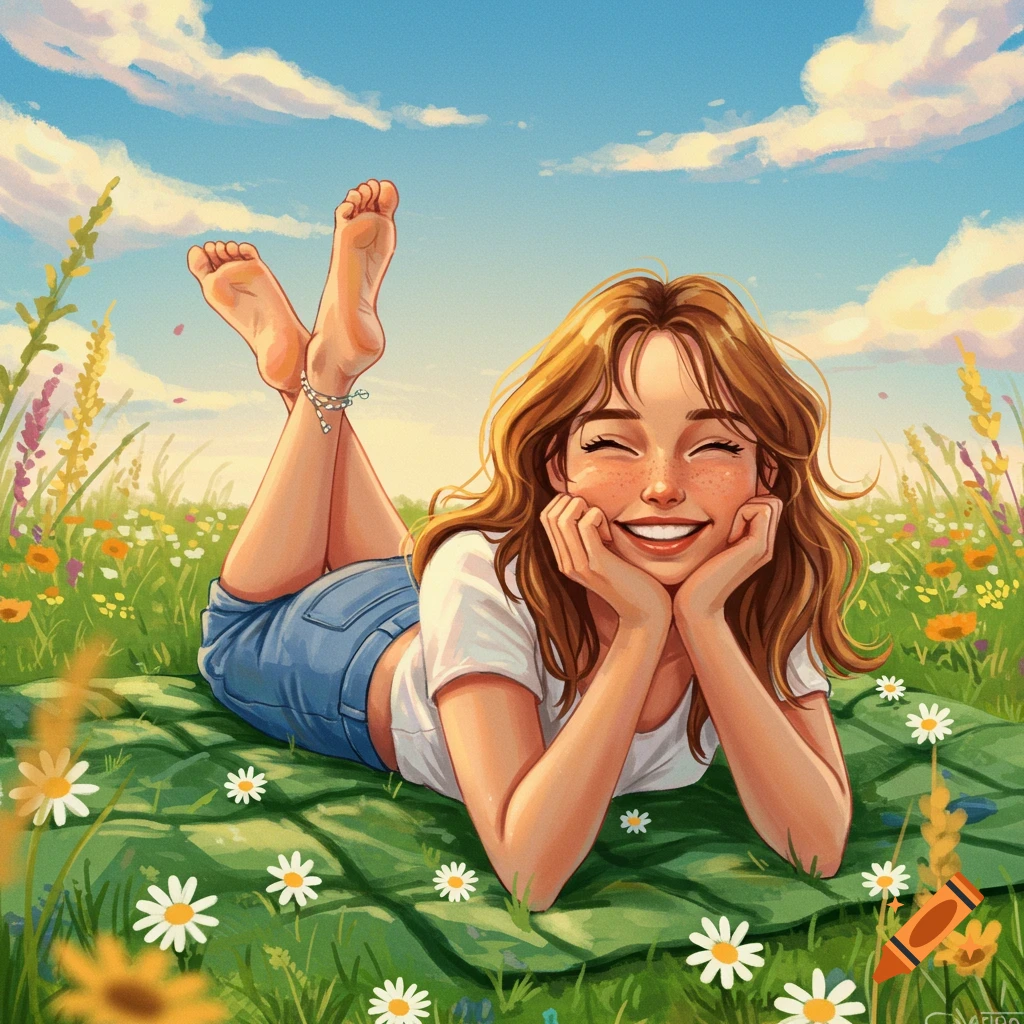 A smiling cartoon woman with freckles lies on a green blanket in a sunny meadow, surrounded by wildflowers, with her feet in the air.