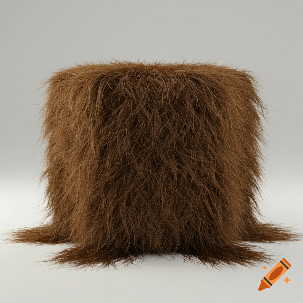 A brown cube covered in long, flowing strands of hair, against a plain light background.