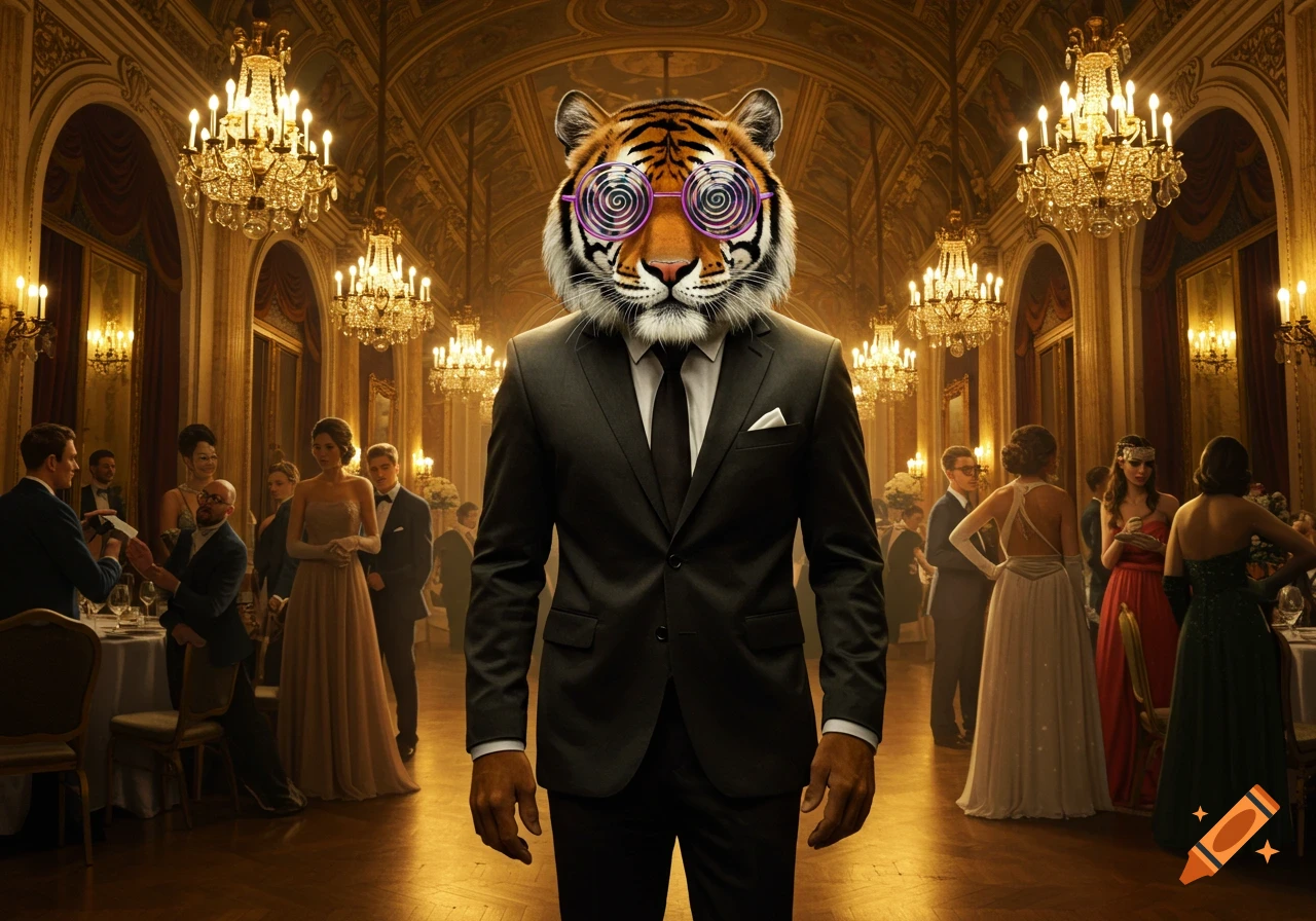 A photorealistic image of a Bengal tiger with a human body in a black suit and purple swirly glasses, standing in a grand ballroom.