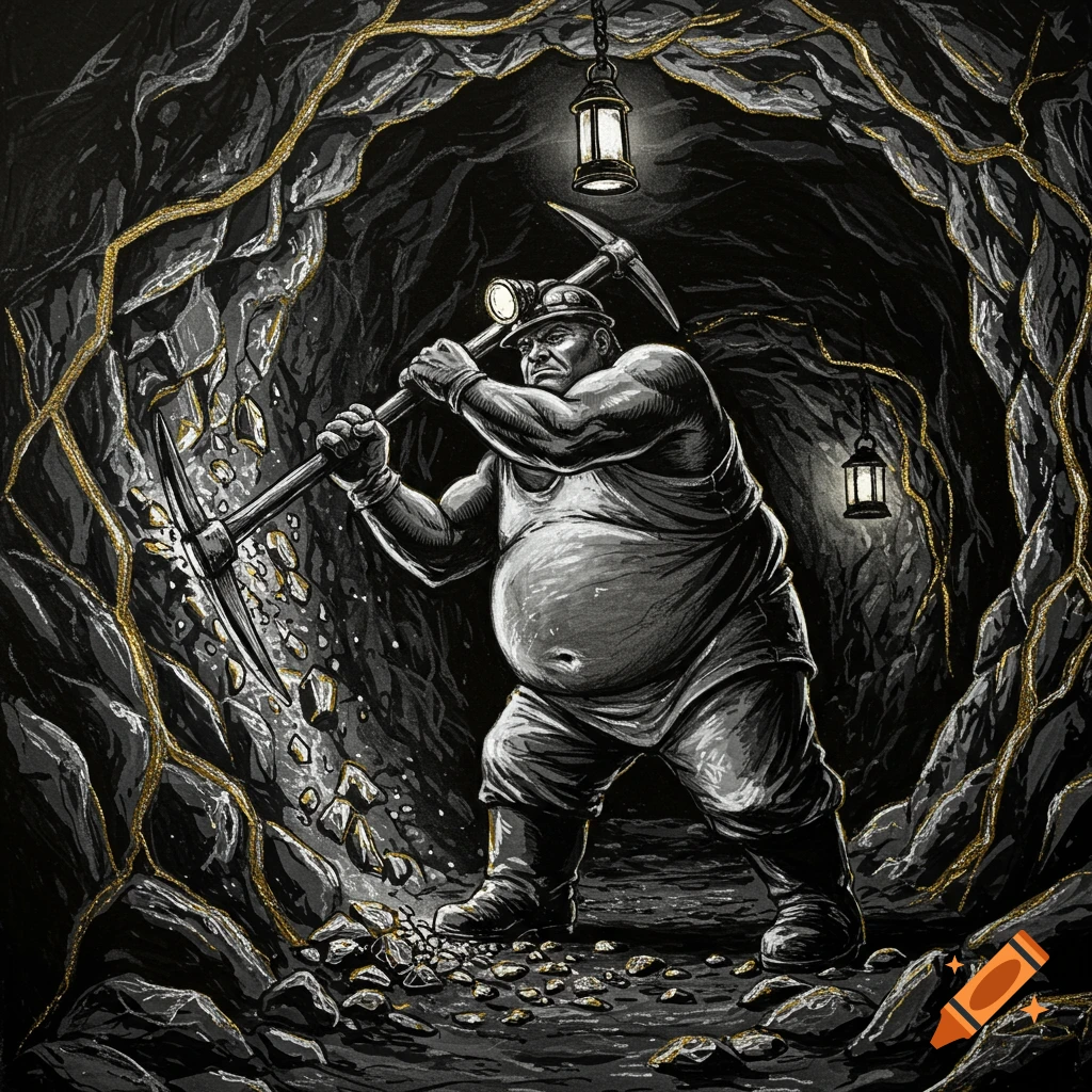 Black and white stylized drawing of a robust miner swinging a pickaxe to break gold-veined rock in a dark cave, illuminated by lanterns.