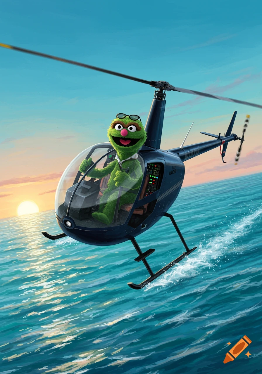 Oscar the Grouch flying a helicopter over water at sunset.