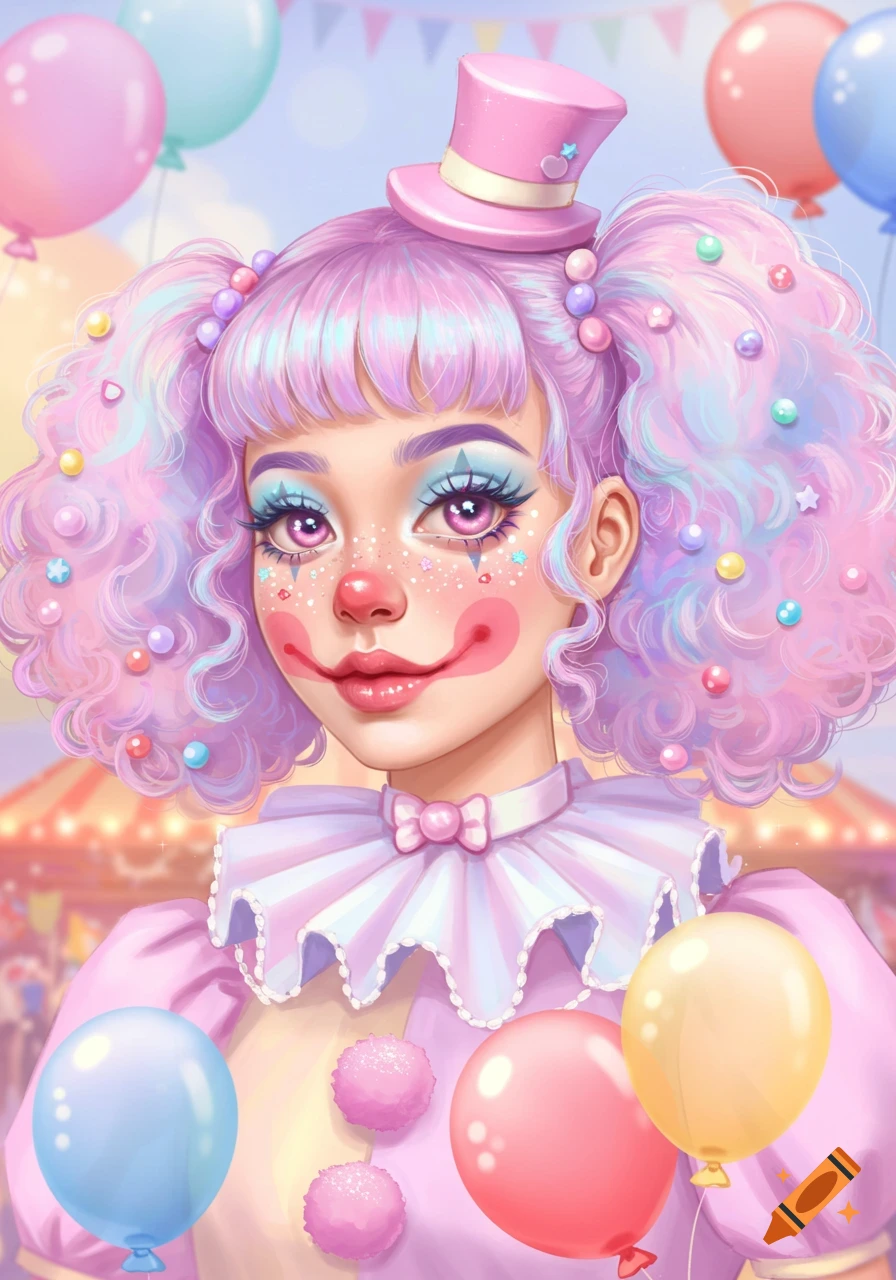 A colorful illustration of a cute clown with pastel pink and purple curly hair, vibrant makeup, and a small pink top hat, with balloons at a carnival.