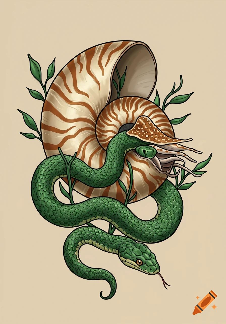 A colorful tattoo illustration of a green snake coiled around a striped nautilus shell, with green vines.
