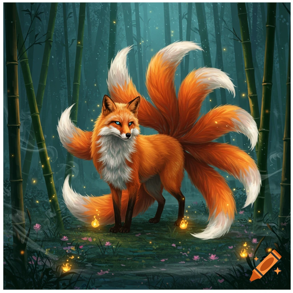 A vibrant orange kitsune with nine tails and blue eyes stands in a mystical bamboo forest with glowing lights.