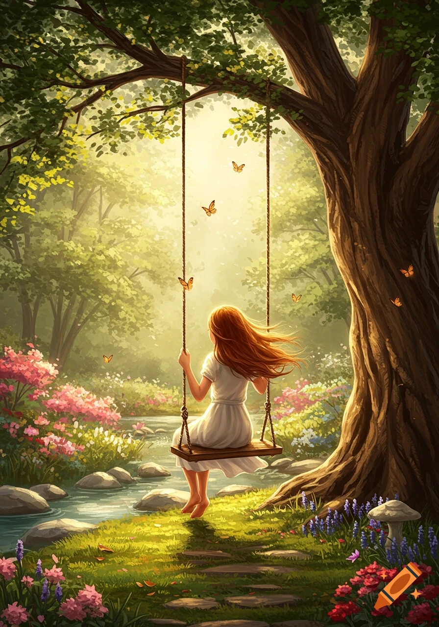 A red-haired girl on a swing under a large tree in a sunlit, lush forest with a stream, flowers, and butterflies.