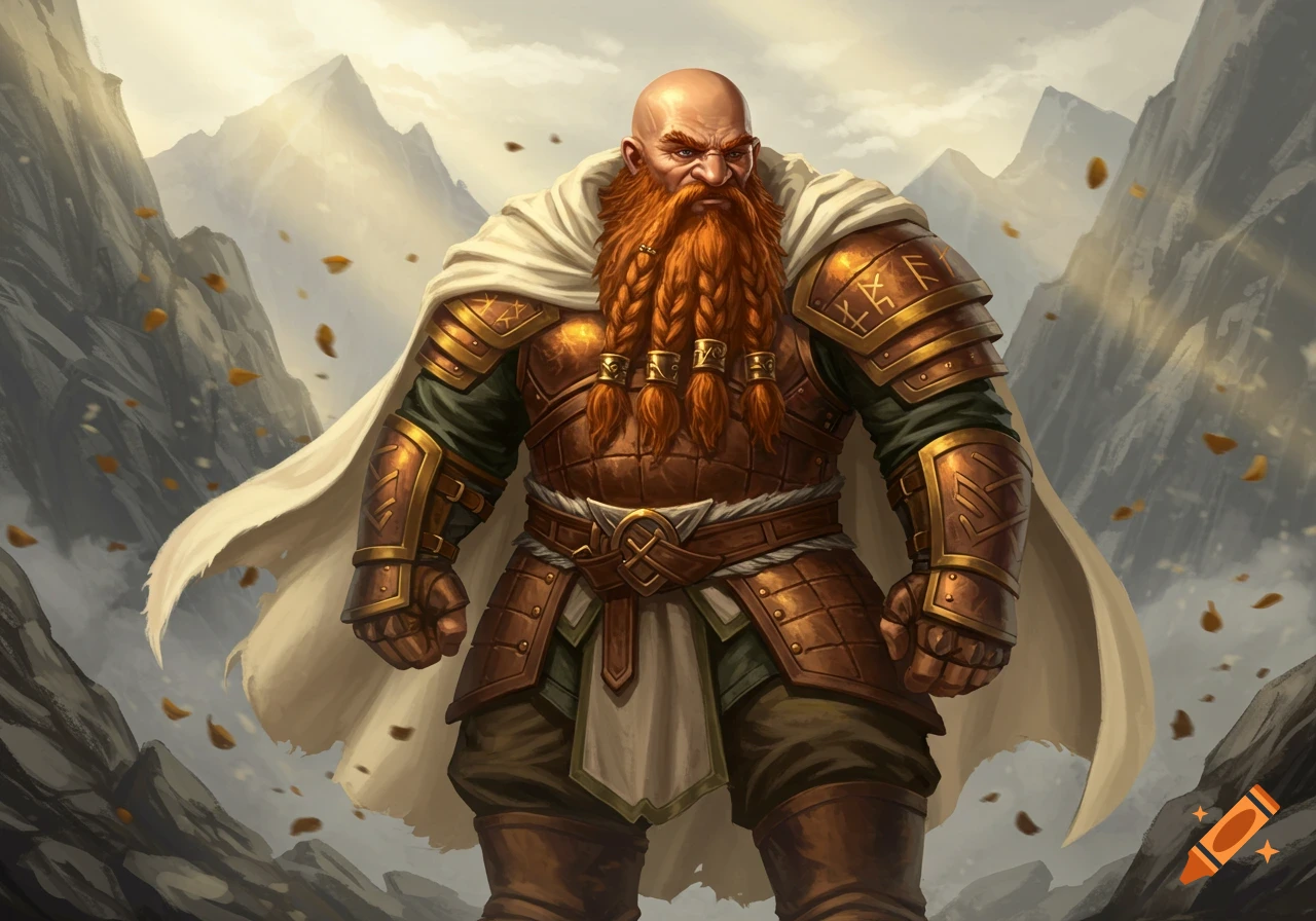 A bald fantasy dwarf with a long red braided beard, wearing leather armor and a cream cloak, stands before mountains.