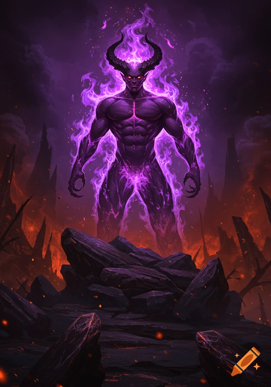 A muscular demon with horns and red eyes, engulfed in purple flames, stands on rocks in a fiery landscape. Fantasy digital art.
