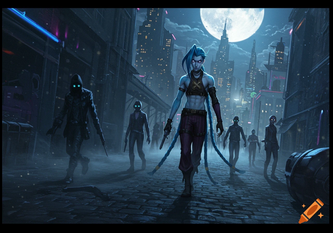 A blue-skinned Jinx with long blue braids stands on a dark city street under a full moon, surrounded by shadowy figures with glowing eyes in a neon city.