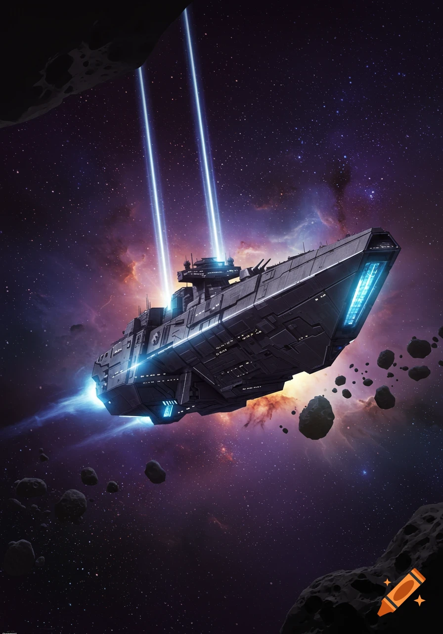 A dark futuristic space destroyer with glowing blue lights and two upward beams floats through a vibrant nebula and asteroid field.