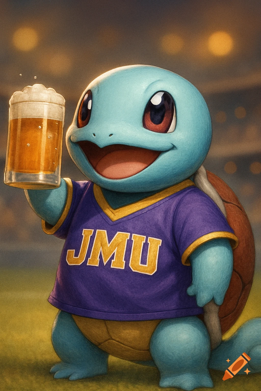 A blue Squirtle character in a purple and gold JMU jersey holds up a glass of beer in a stadium setting.