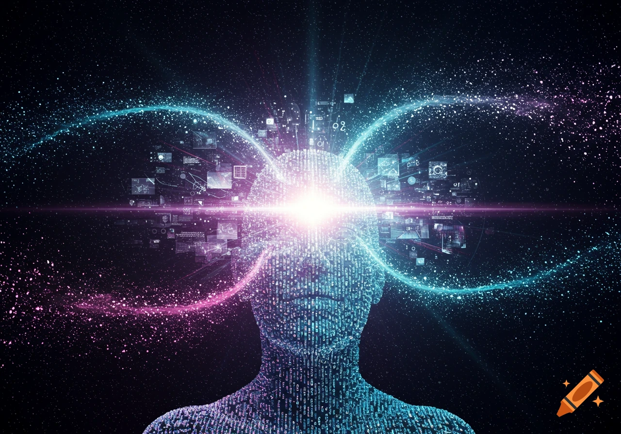 A glowing digital human bust with light beams and data streams flowing from its head against a starry background.