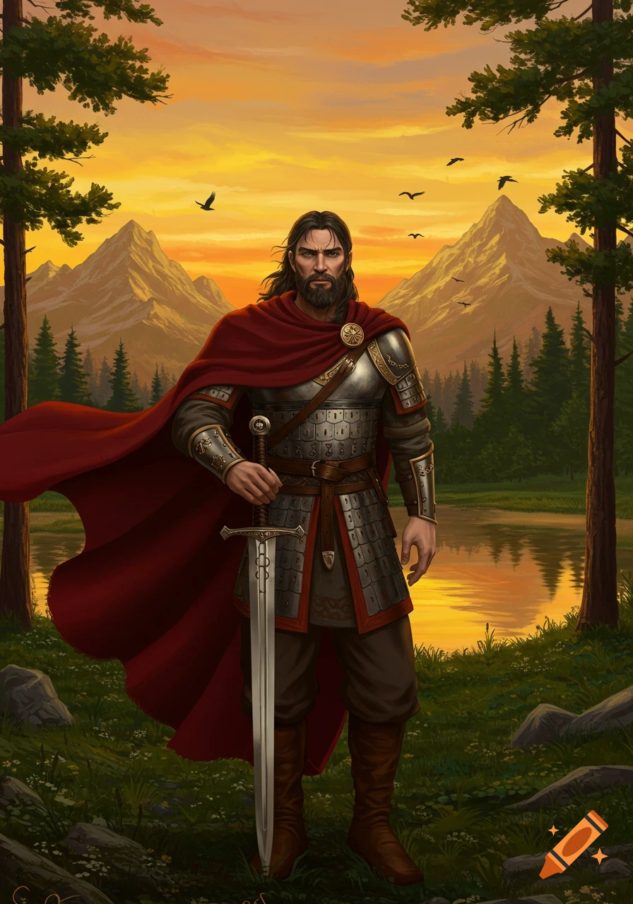A stoic male warrior in medieval armor and a red cape holds a sword, standing before mountains and a lake at sunset. Illustration.