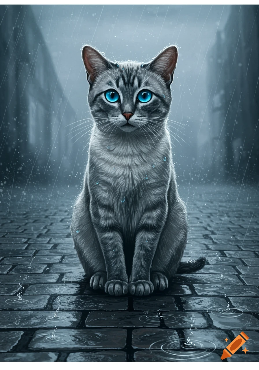 A gray tabby cat with bright blue eyes sits on a wet cobblestone street in the rain, water droplets on its fur. Digital painting.