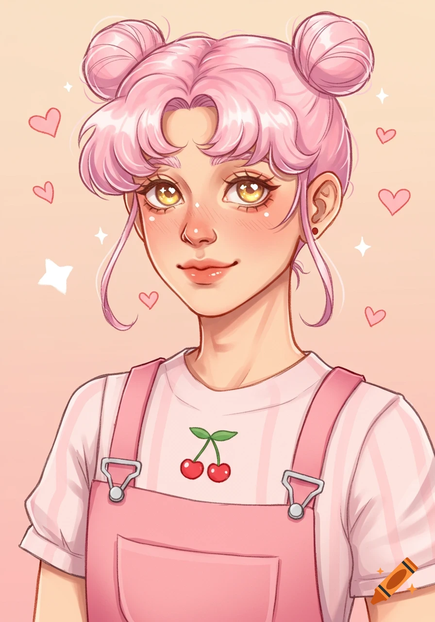 An anime-style portrait of a person with pink hair in space buns and pink overalls with a cherry, surrounded by hearts and stars.
