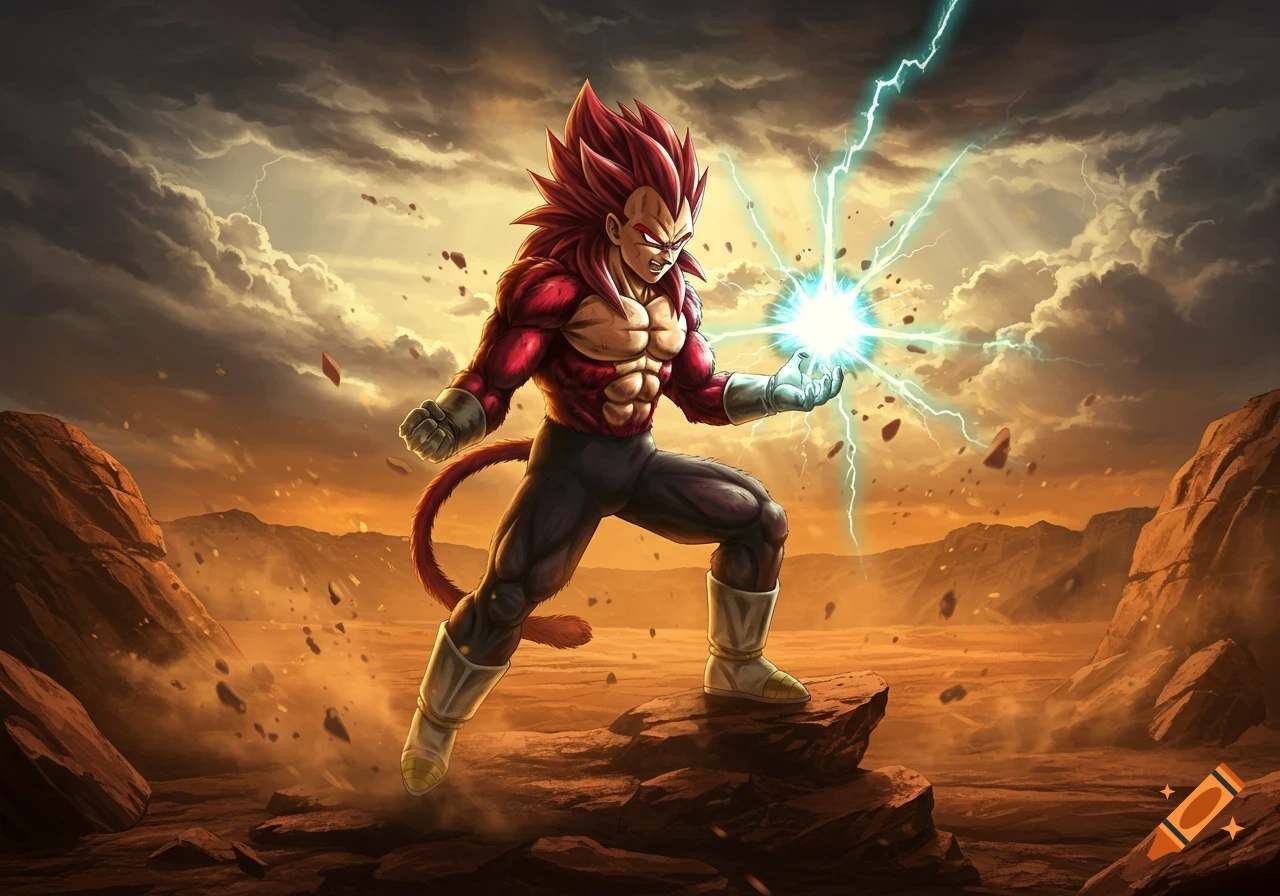 Vegeta in his Super Saiyan 4 form, with red fur and spiky hair, powers up with a bright blue energy blast in his hand, standing on a rock in a desolate, rocky landscape under a dramatic sky.