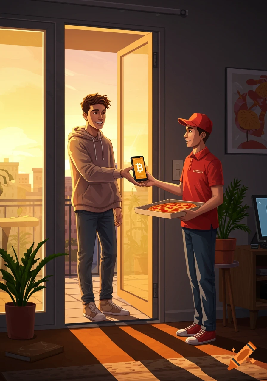 A man pays a pizza delivery person with a phone displaying the Bitcoin logo. The scene is set indoors with a sunset city view.