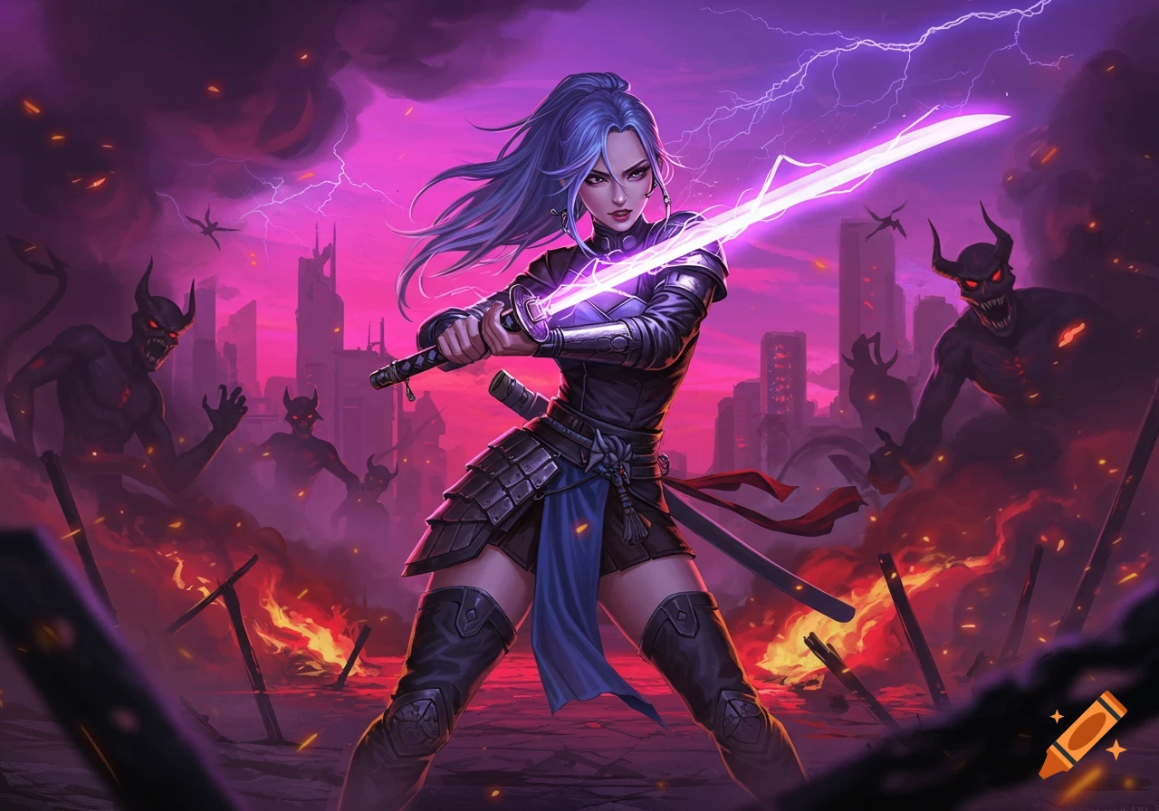 A blue-haired female warrior in armor wields a glowing purple sword, facing horned demons in a fiery, lightning-struck city.