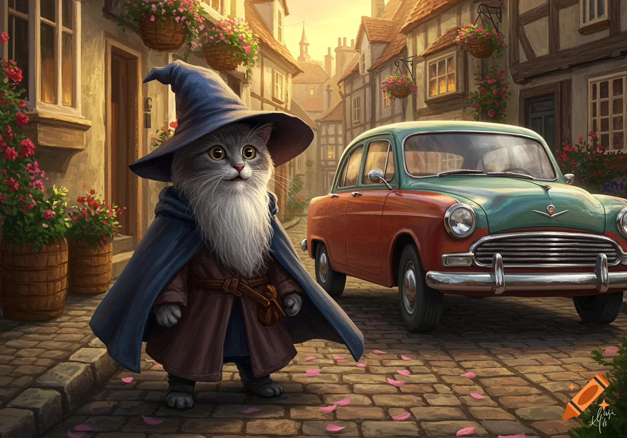 A fluffy grey cat dressed as a wizard stands on a cobblestone street in a quaint village, with a vintage car behind it.