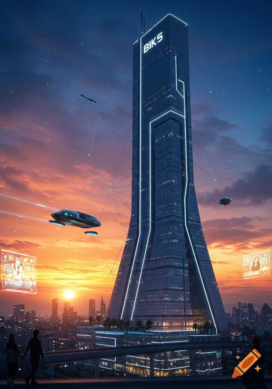 Photorealistic image of a futuristic skyscraper with glowing lines and flying vehicles over a city at sunset.
