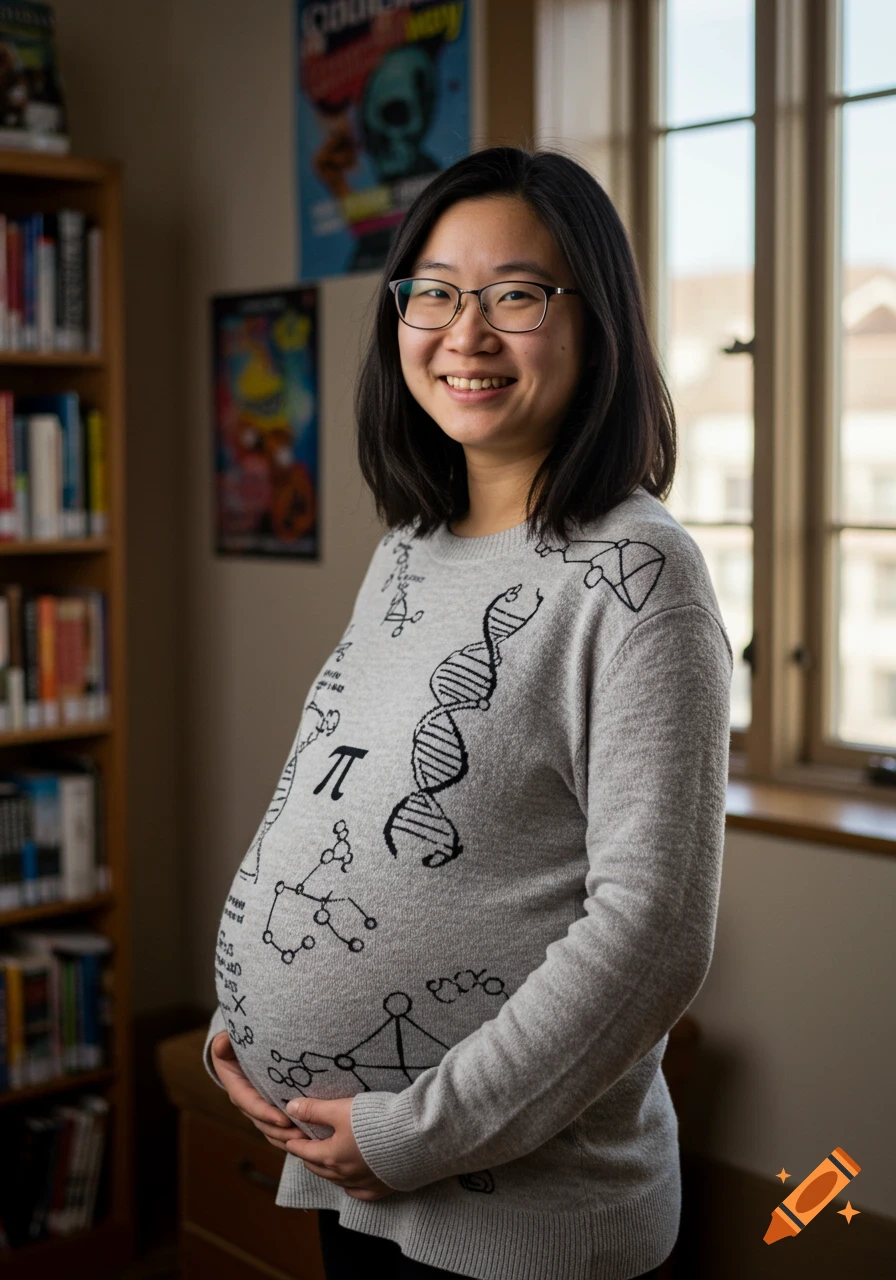 Smiling pregnant Asian woman in a gray sweater with science symbols, holding her belly, standing by a bookshelf and window.