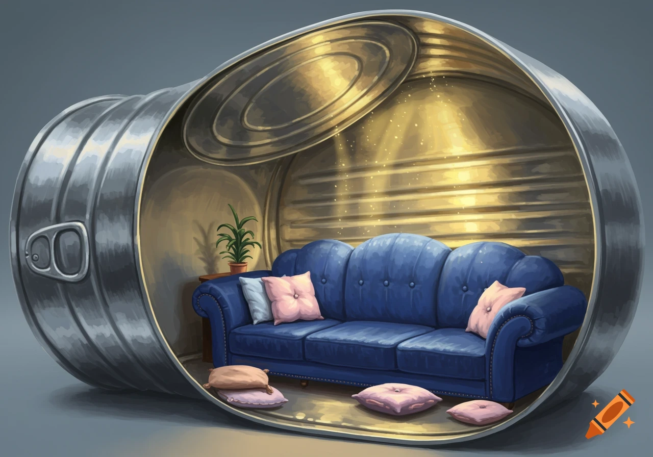 A blue sofa and pillows inside a large, open tin can, depicted in an illustrative style.