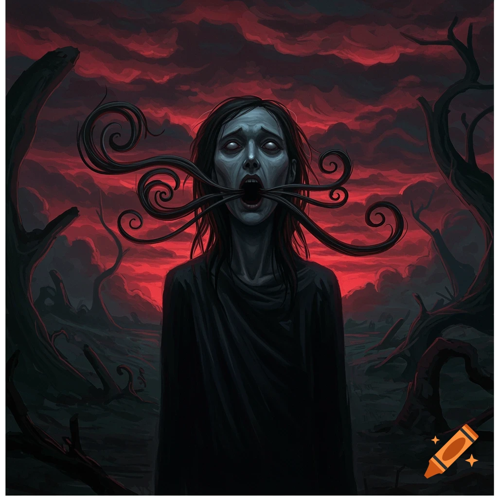 A grotesque creature with a distorted face and tentacle-like hair emerging from its mouth, set against a dark, blood-red sky with twisted trees.