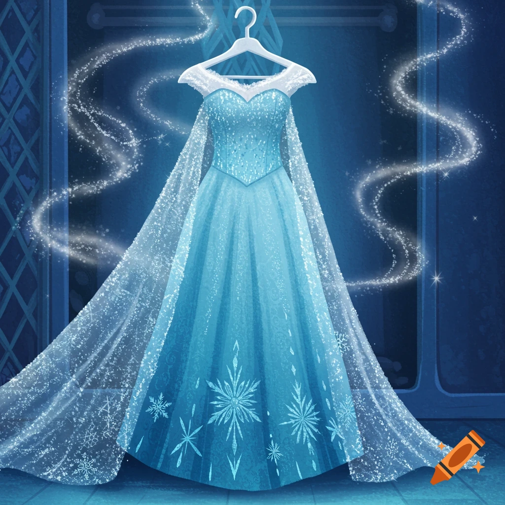 A cartoon blue dress with sparkling snowflake patterns and a sheer cape hangs on a white hanger against a dark blue background.