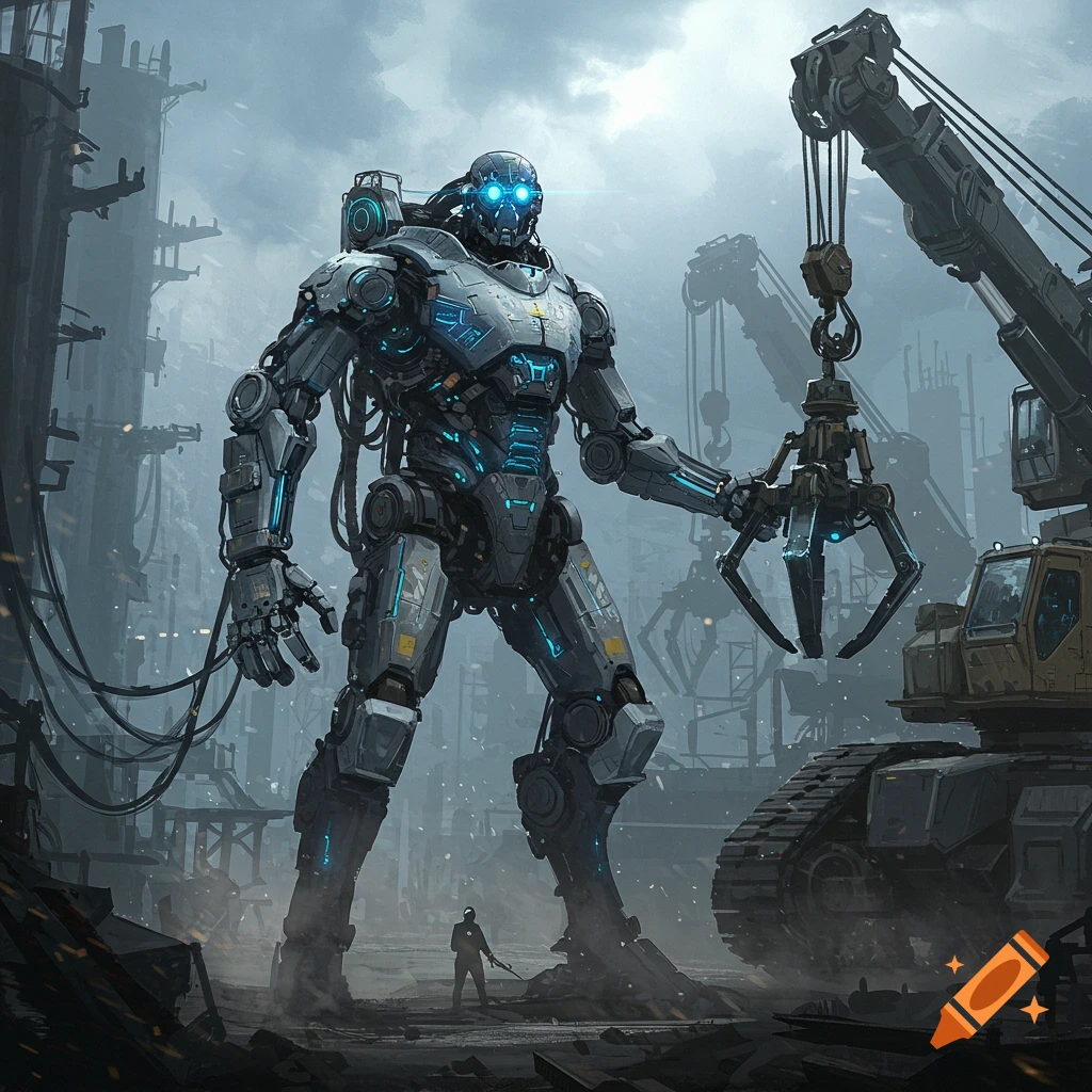 A huge robot with glowing blue eyes, holding a claw, stands by an excavator in a desolate industrial landscape. A small human is below.