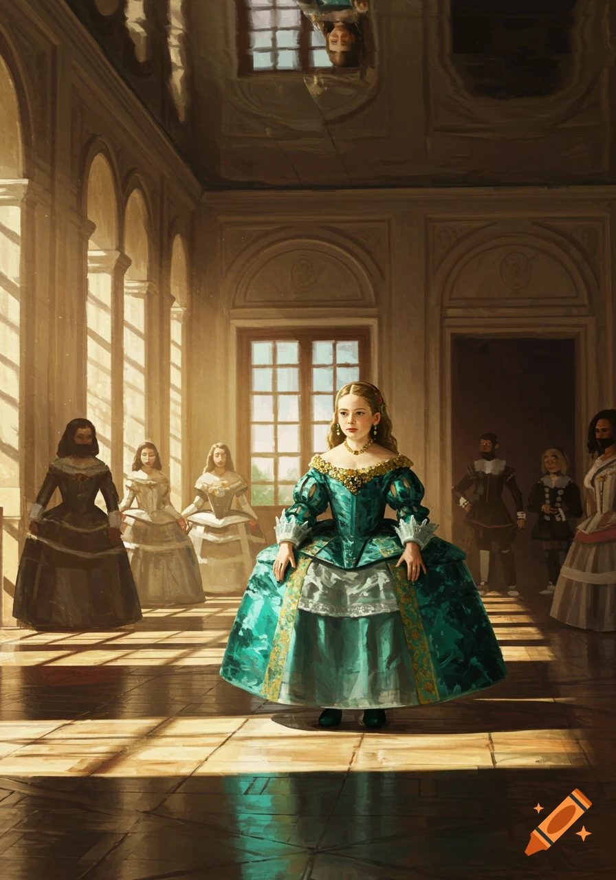 A young girl in a grand teal dress stands in a sunlit hall with large windows and other figures, in a painterly style.