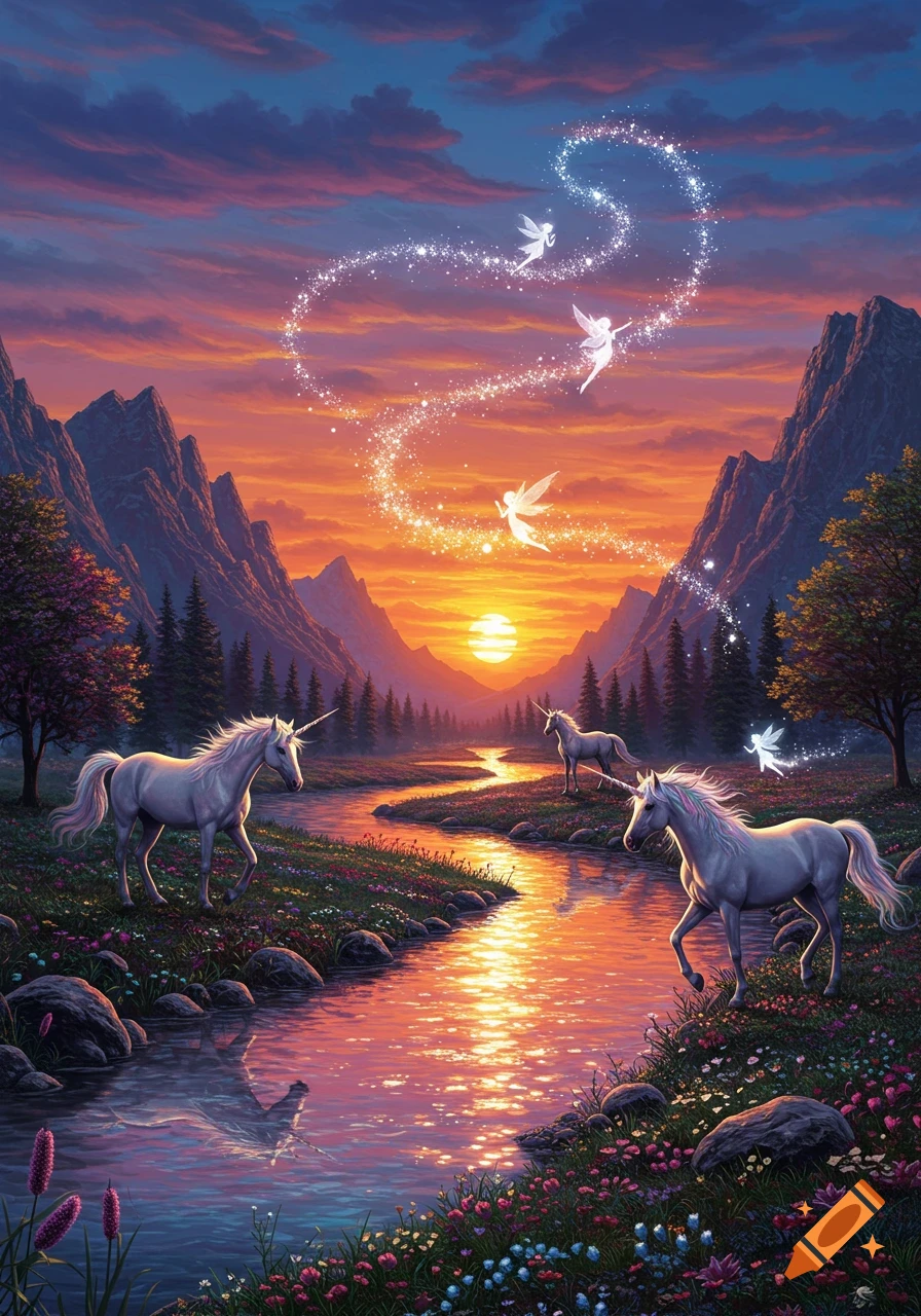 A vibrant fantasy art image of two unicorns by a sparkling river at sunset, with ethereal fairies floating above a mountainous landscape.