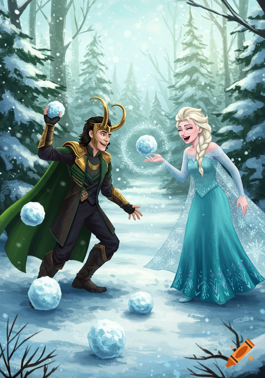 Loki and Elsa having a joyful snowball fight in a snowy forest, with snow-covered trees in the background.