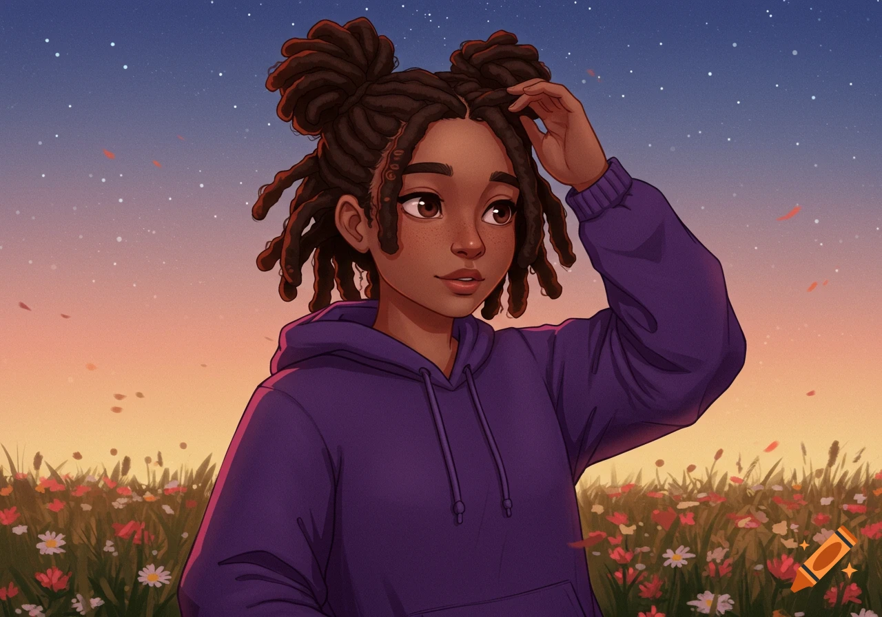 Animated brown-skinned girl with dreadlocks in space buns and purple hoodie in a flower field at sunset.