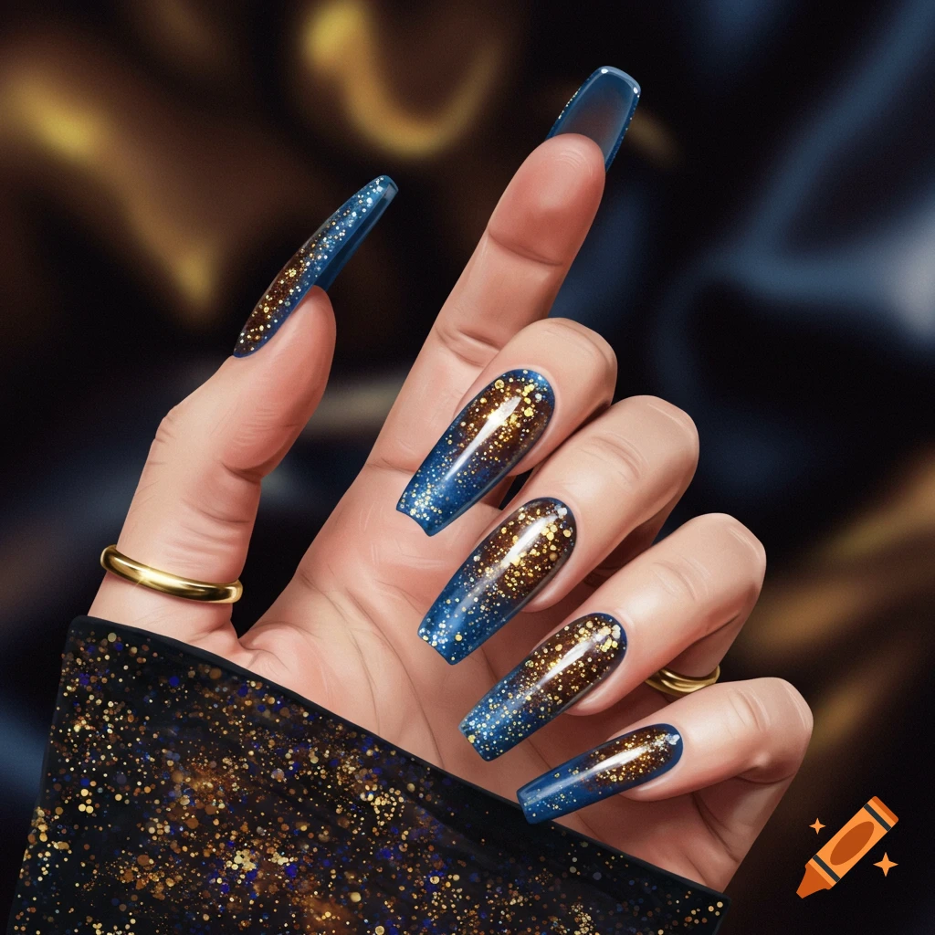 Close-up of a hand with long blue and gold glitter gradient coffin nails, wearing a gold ring.