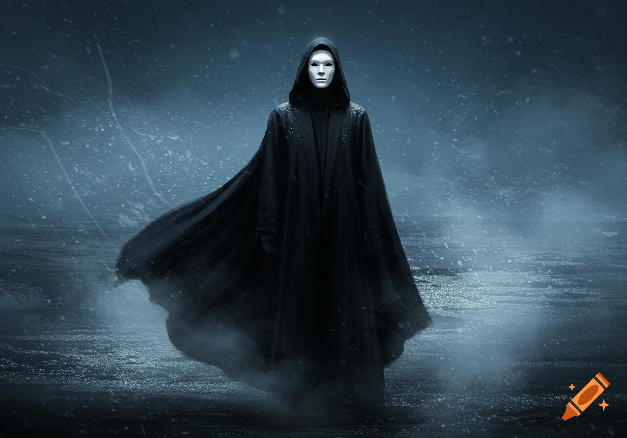 A black robed figure with a white mask stands in a cold, misty landscape, with snow falling around them.