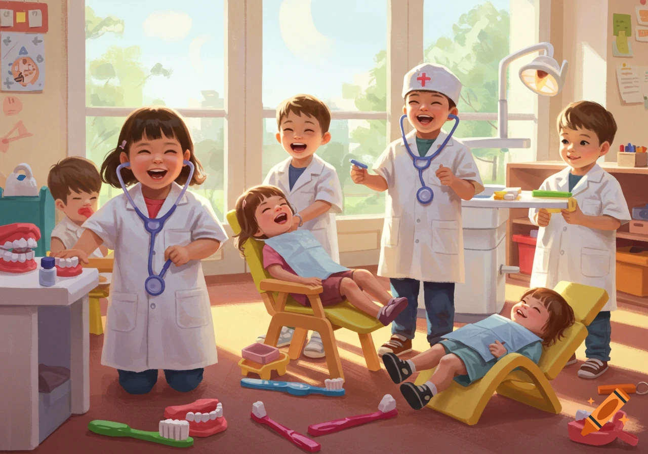 Smiling children role-playing as dentists in a bright classroom with toy dental equipment and models.