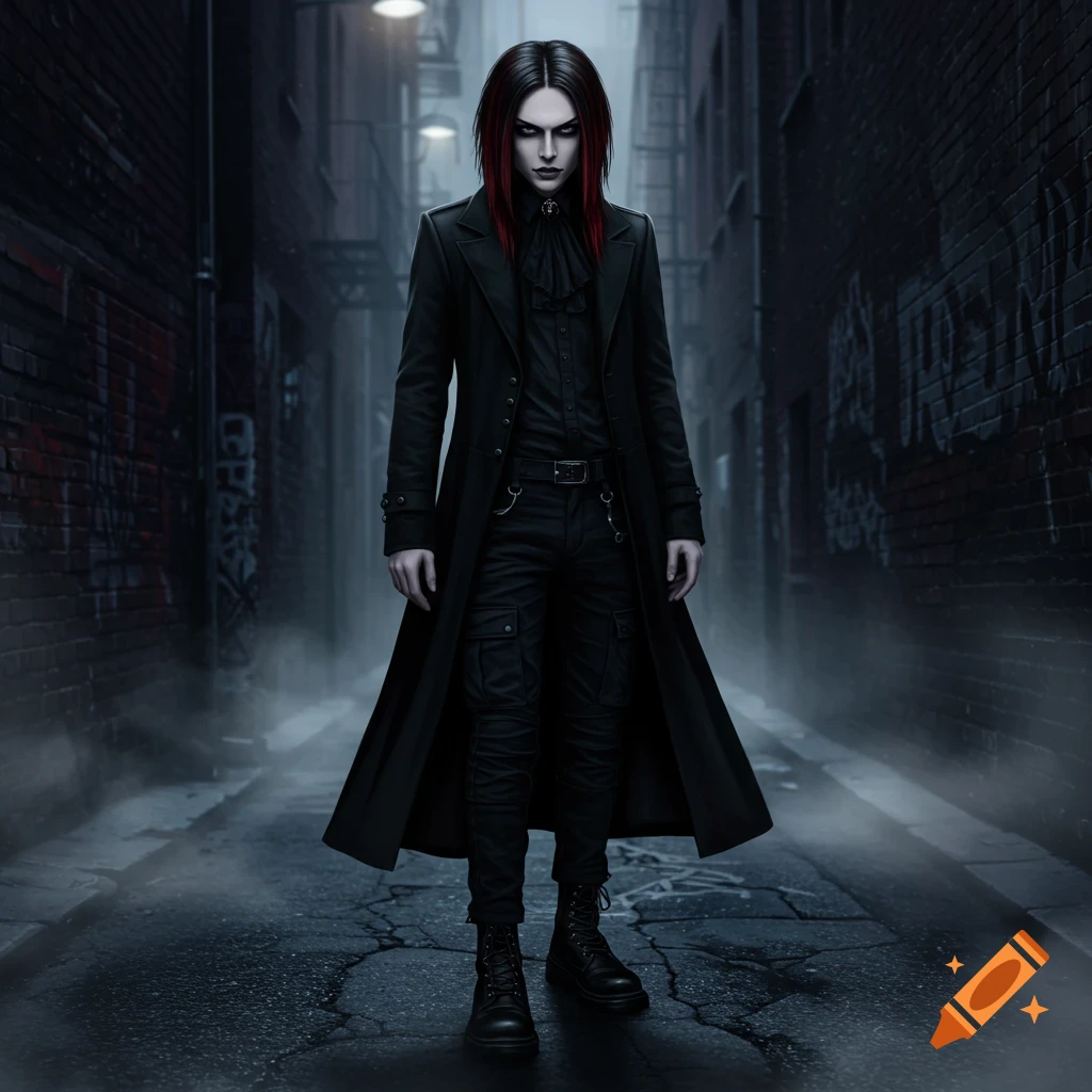 A goth person with long dark hair and red streaks stands in a dark alley wearing a long black coat and cargo pants.