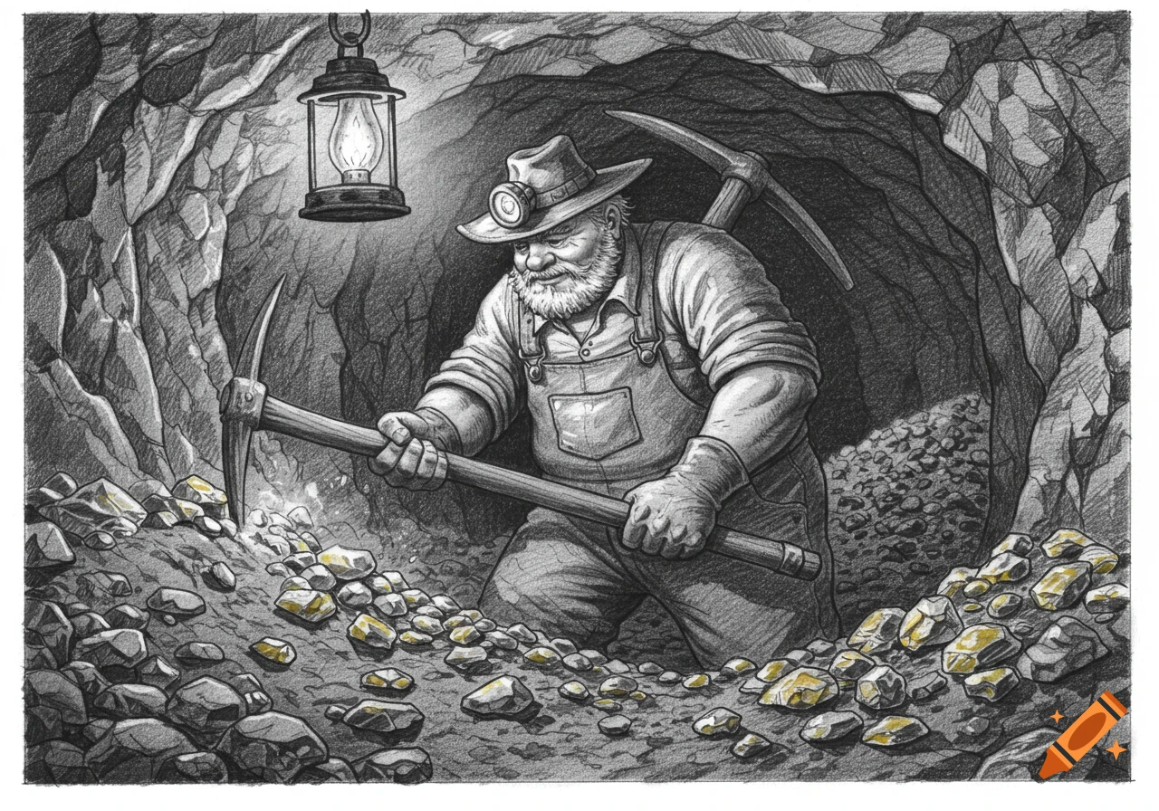 A black and white drawing of a bearded miner with a pickaxe, digging for gold nuggets in a dimly lit cave.