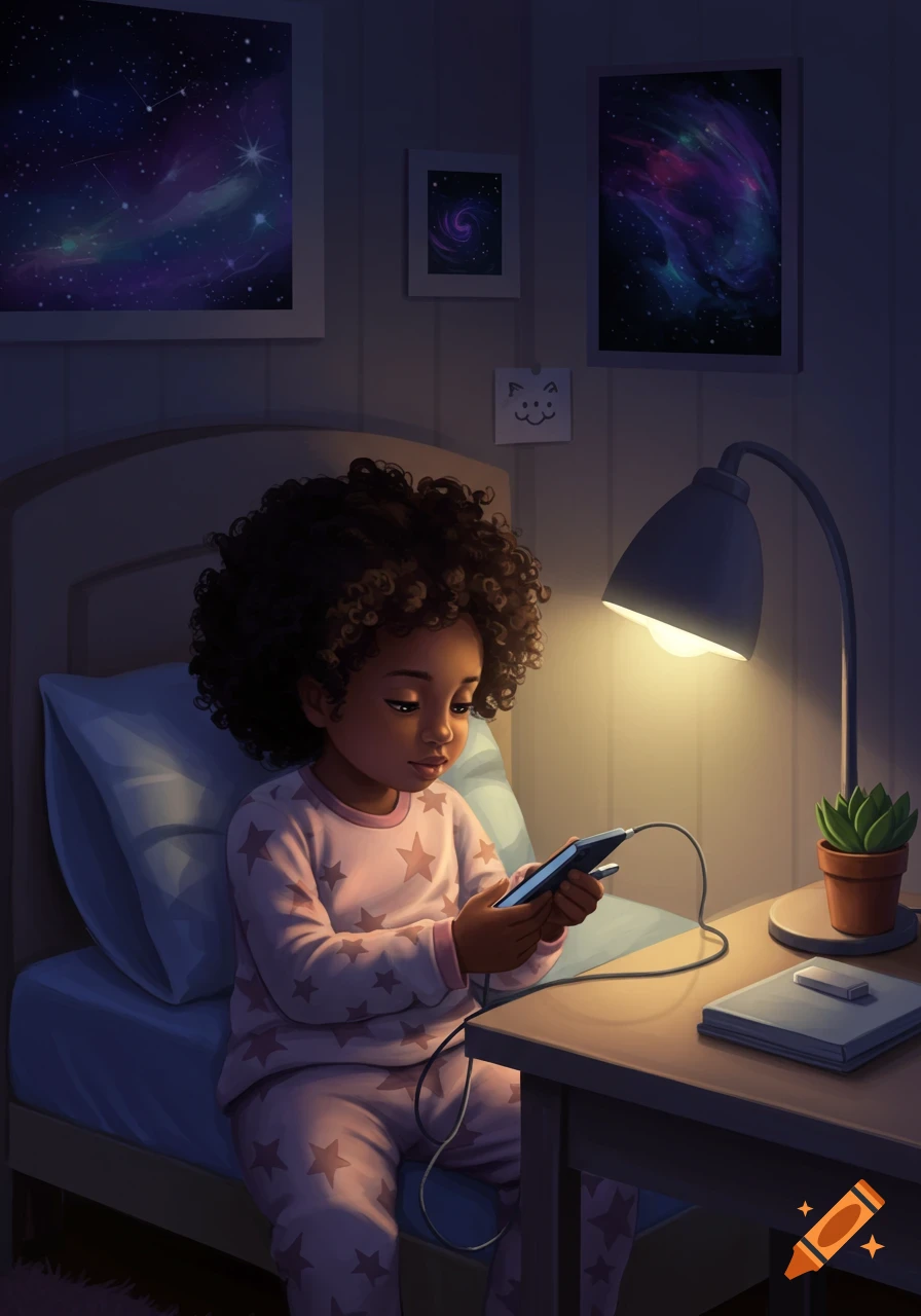 A young Black girl in pajamas sits on her bed at night, holding a smartphone plugged into a charger, under the light of a desk lamp. Space-themed posters adorn the wall.