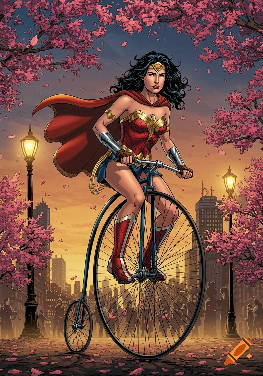 Wonder Woman rides a penny farthing bicycle on a cherry blossom-lined city street at sunset in a comic book art style.