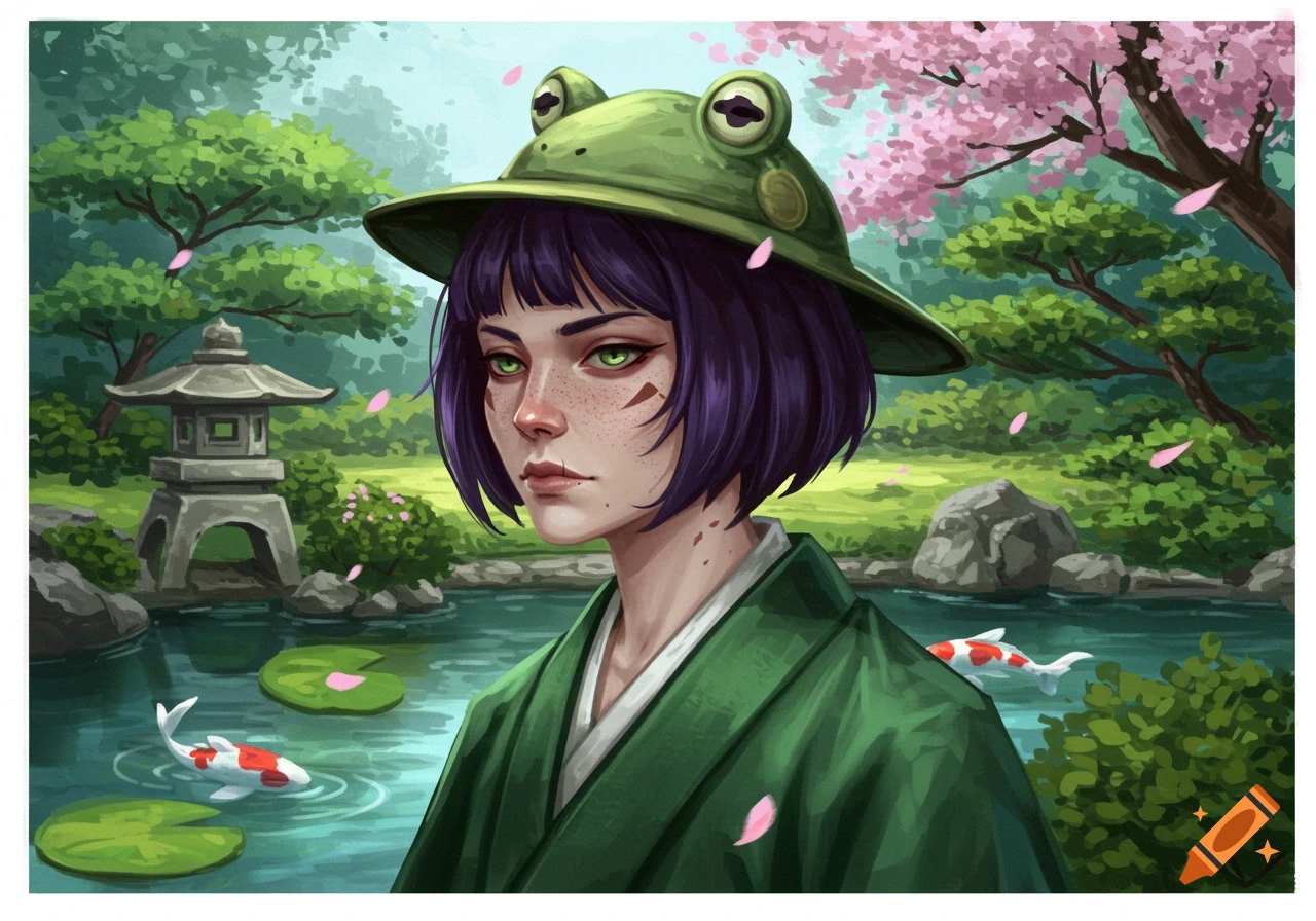 An androgynous person with purple hair and a frog hat in a green haori stands in a Japanese garden with koi fish.