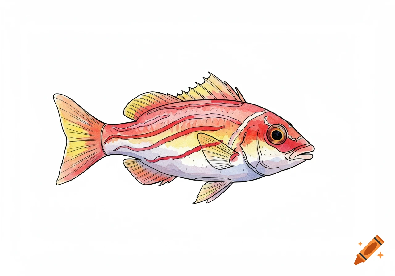 A watercolor illustration of a red and yellow striped squirrelfish in profile facing left on a white background.