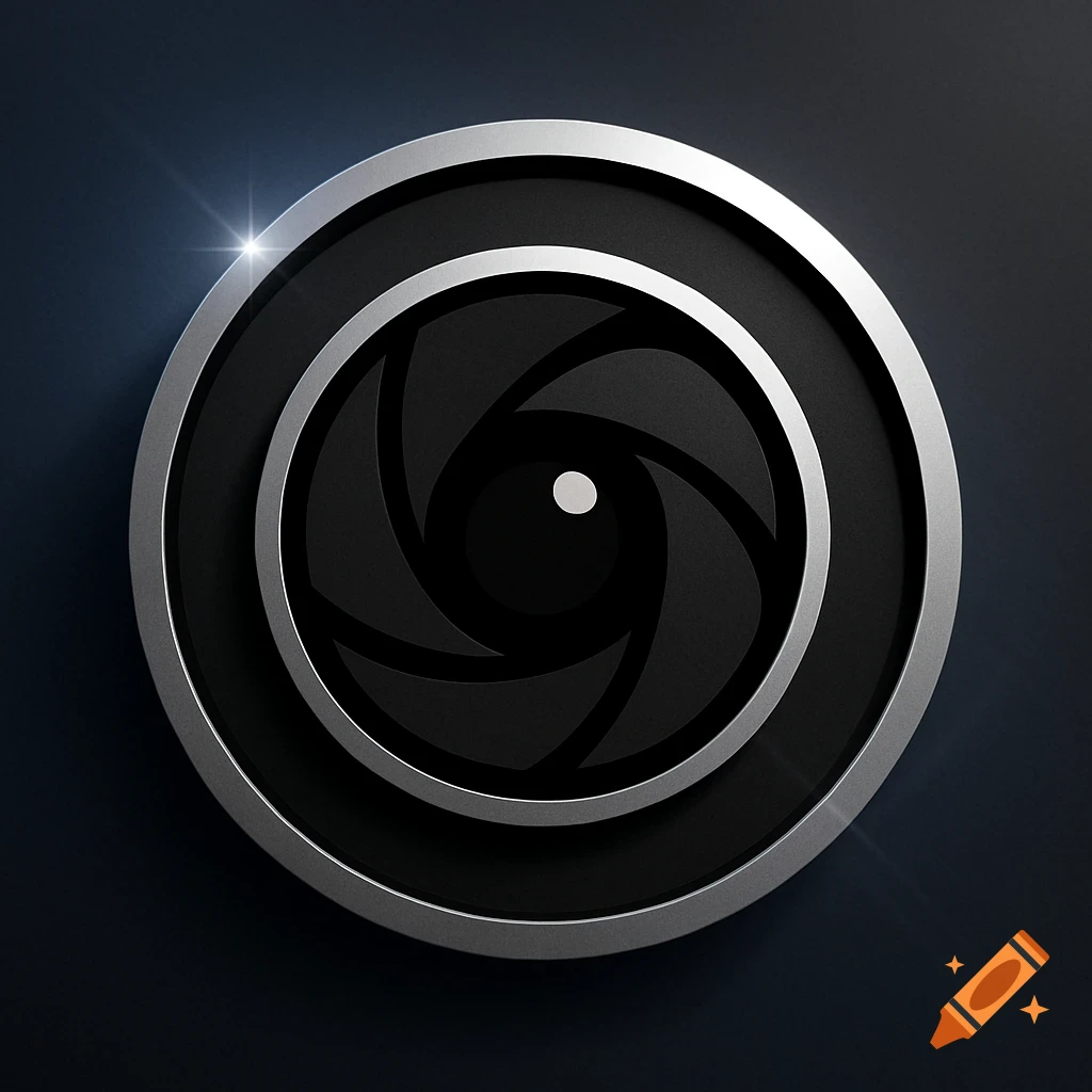A glossy, dark metallic camera aperture icon with a bright lens flare on a dark background.