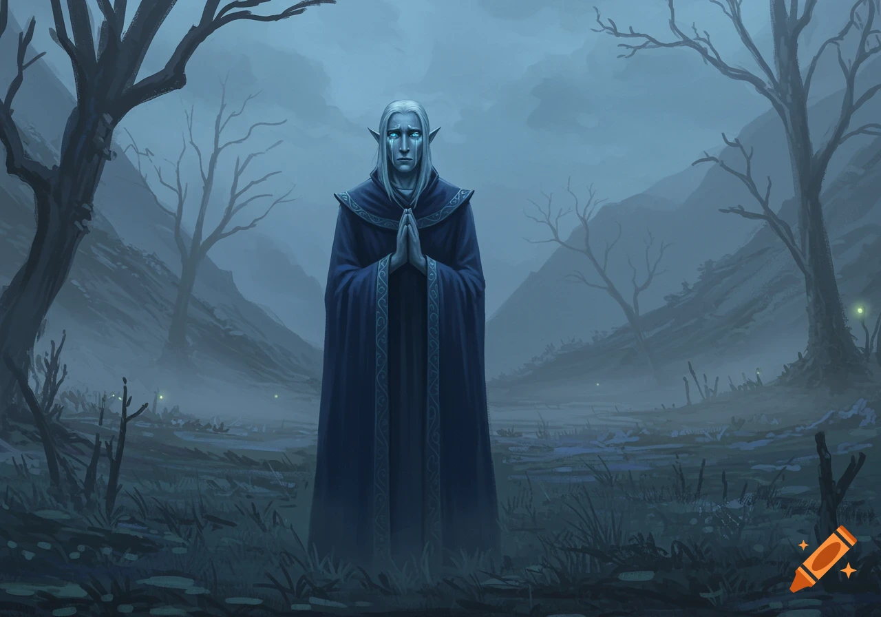 A sorrowful elf-like figure with white hair and glowing blue tears stands in a dark blue robe in a misty, barren forest.