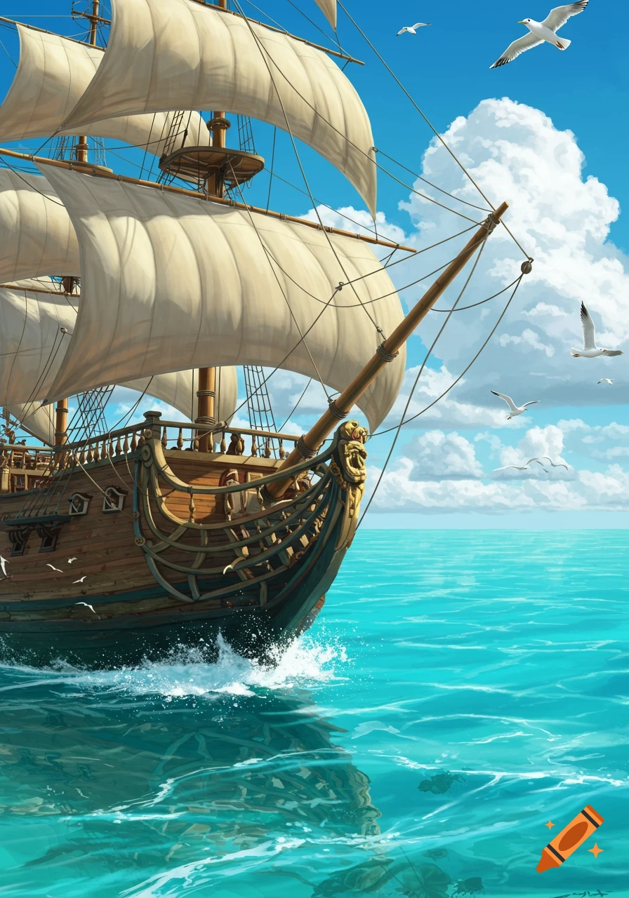 A large pirate ship sails on vibrant turquoise waters under a blue sky with fluffy clouds and flying seagulls. Painted style.